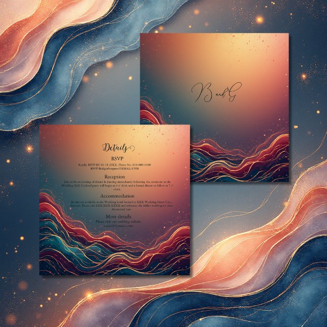 Cartão De Informações Modern Elegant Gold Marble Navy Terracotta Wedding (Criador carregado)