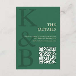 Cartão De Informações Modern Green Monogram Minimalist Wedding