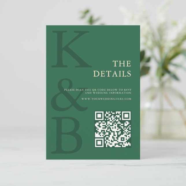 Cartão De Informações Modern Green Monogram Minimalist Wedding (Em pé/Frente)