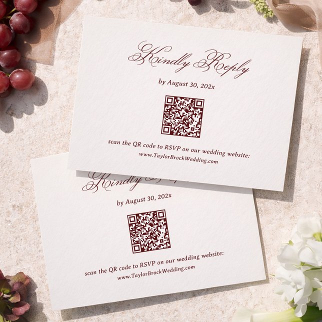 Cartão De Informações Modern Ivory and Burgundy Wedding RSVP Qr Code (Criador carregado)