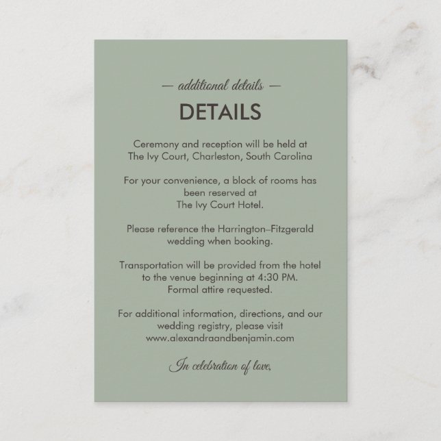 Cartão De Informações Modern Minimalist Wedding | Sage Green Timeless  (Frente)