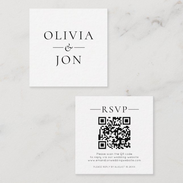 Cartão De Informações Modern Names QR Code Black White Wedding RSVP (Frente/Verso)