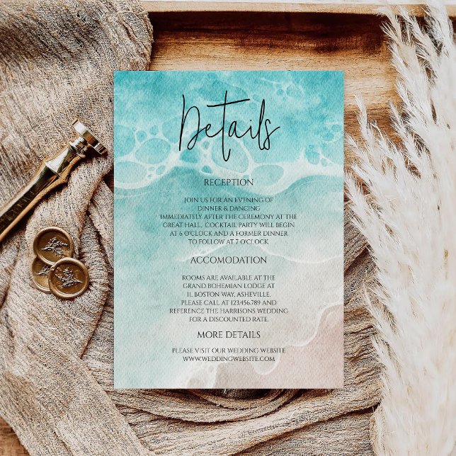 Cartão De Informações Modern Ocean Tide Watercolor Wedding (Criador carregado)