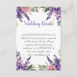 Cartão De Informações 👉 Modern Purple Wisteria Gold Wedding Details Enc