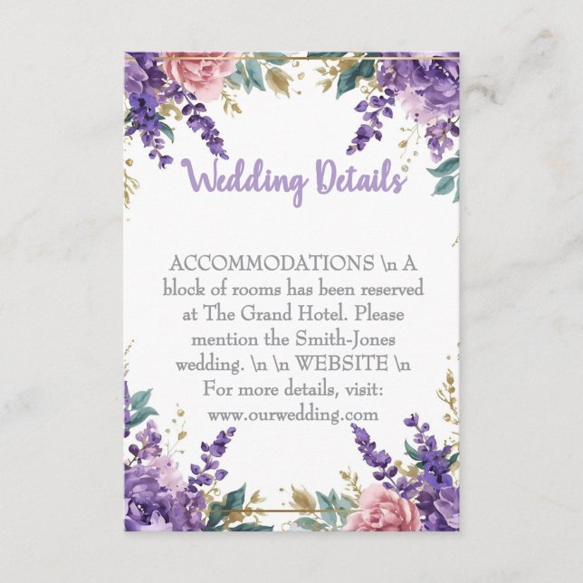 Cartão De Informações 👉 Modern Purple Wisteria Gold Wedding Details Enc (Frente)