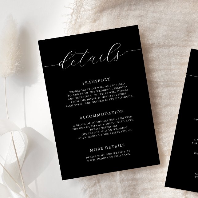 Cartão De Informações Modern Romantic Calligraphy Black Wedding Details (Criador carregado)
