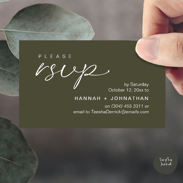 Cartão De Informações Modern Romantic Wedding Invites RSVP Reminder Card (Modern Romantic Wedding Invites RSVP Reminder Card in Olive Green)