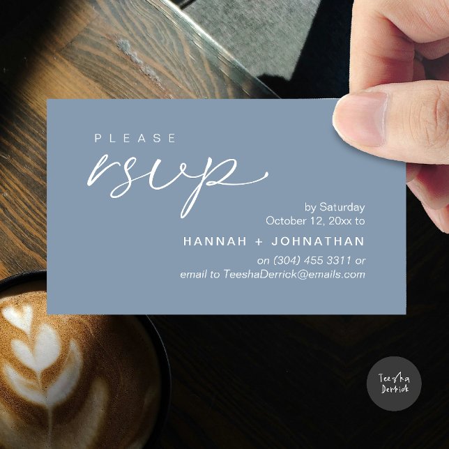 Cartão De Informações Modern Romantic Wedding Invites RSVP Reminder Card (Modern Romantic Wedding Invites RSVP Reminder Card in Dusty Blue)