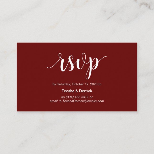 Cartão De Informações Modern Rustic, script Burgundy, RSVP online (Frente)