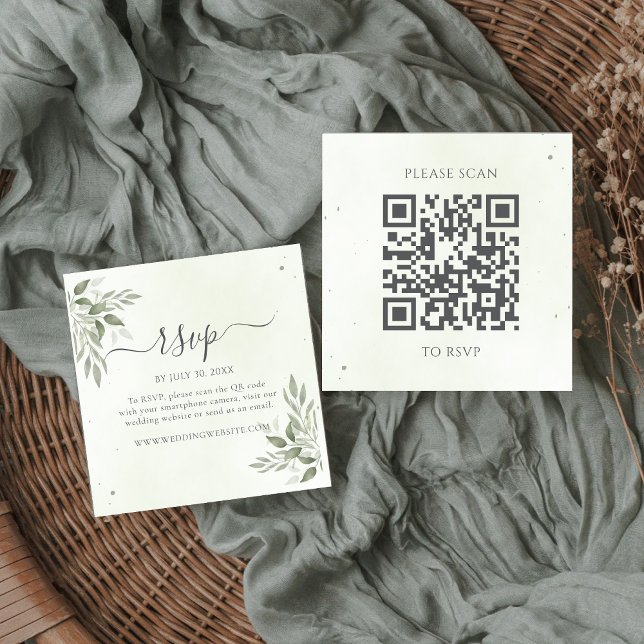 Cartão De Informações Modern Sage Greenery Square QR Code RSVP  (Criador carregado)
