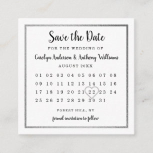 Cartão De Informações Modern Silver Foil Calendar Save The Date