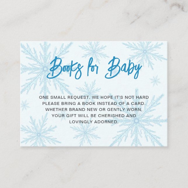 Cartão De Informações Modern Snowflakes Boy Baby Shower Book Request (Frente)