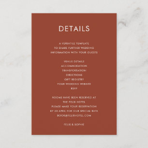 Cartão De Informações Modern Terracotta Pormenores do Casamento Laranj