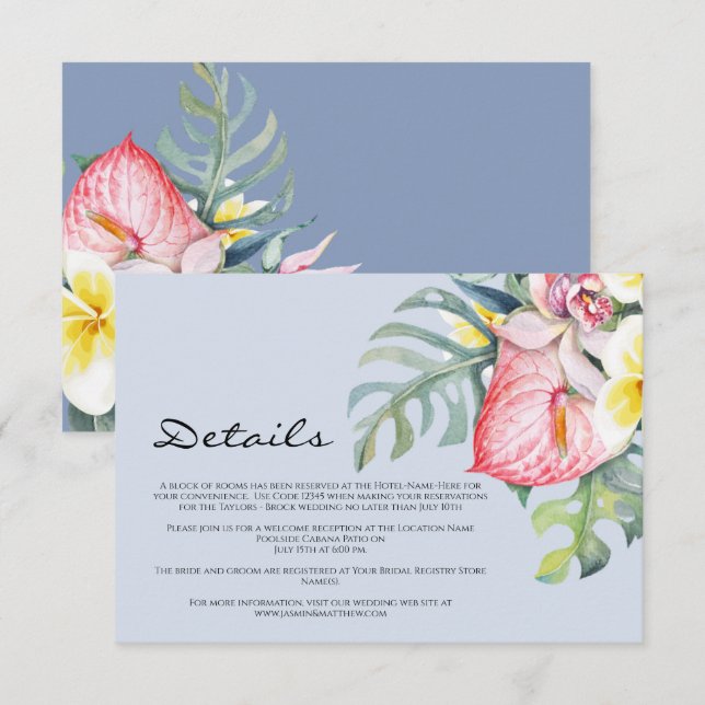 Cartão De Informações Modern Tropical Floral Hawaii Wedding (Frente/Verso)