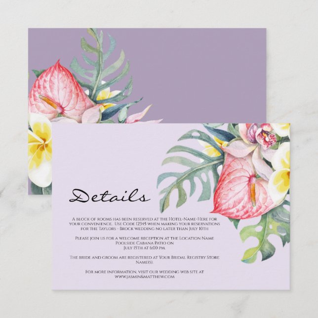 Cartão De Informações Modern Tropical Floral Hawaii Wedding (Frente/Verso)