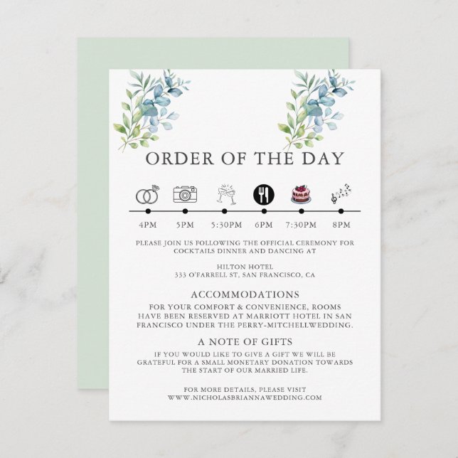 Cartão De Informações Modern Watercolor Eucalyptus Greenery Wedding (Frente/Verso)