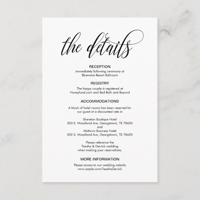 Cartão De Informações Moderno Elegante, Escrita Negra, Nossos Detalhes D (Frente)