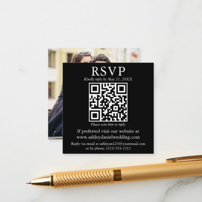 Cartão De Informações Moderno Simples QR Foto Casamento Preto RSVP (Frente/Verso In Situ)
