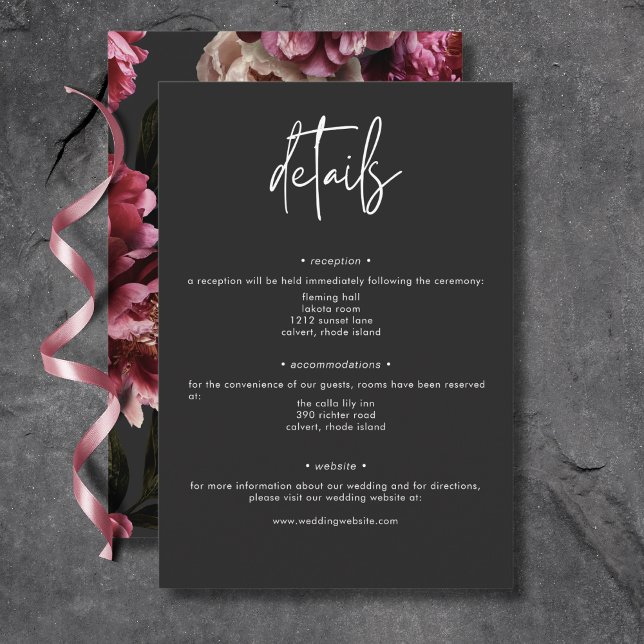 Cartão De Informações Modernos Peões de Creme Borgonha Floral Detalhes d (Modern Burgundy Cream Peonies Floral Black Details Enclosure Card)