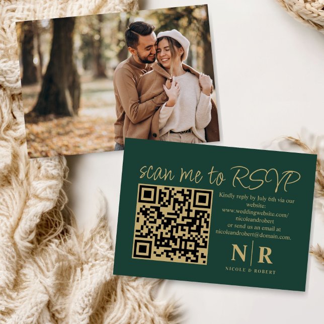 Cartão De Informações Monograma de Casamento Código QR RSVP com Elegante (Criador carregado)