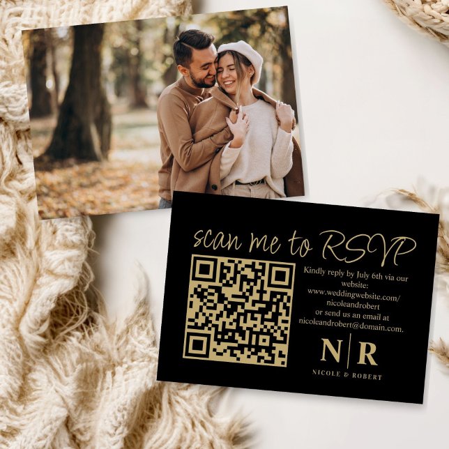 Cartão De Informações Monograma de Casamento Código QR RSVP com Elegante (Criador carregado)