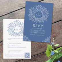 Monograma de folha azul RSVP casamento QR