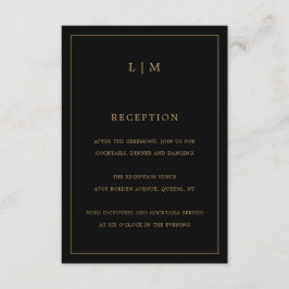 Cartão De Informações Monograma Simples Preto e Dourado Elegante Casamen