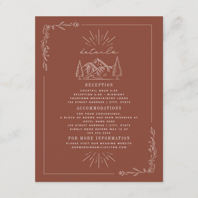 Cartão De Informações Montanhas Line Art Terracotta Detalhes Do Casament (Frente)