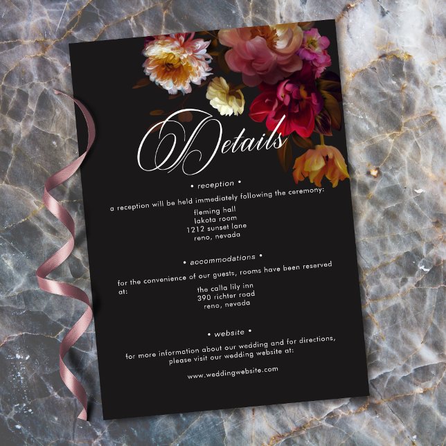 Cartão De Informações Moody Black Floral Painterly Red Burgundy Wedding (Moody Black Floral Painterly Red Burgundy Wedding Enclosure Card)
