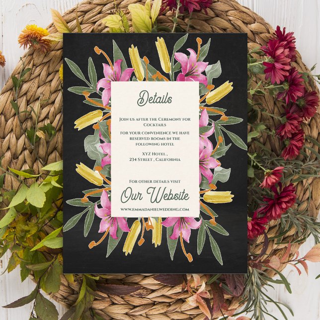 Cartão De Informações Moody Blush Lily Wedding Details Information (Moody Blush Lily Wedding Details Card | Elegant Black Floral Botanical Information Insert)