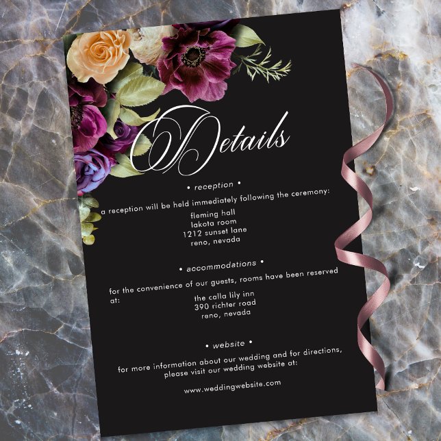 Cartão De Informações Moody Dark Floral Black Burgundy Romantic Wedding (Moody Dark Floral Black Burgundy Romantic Wedding Enclosure Card)