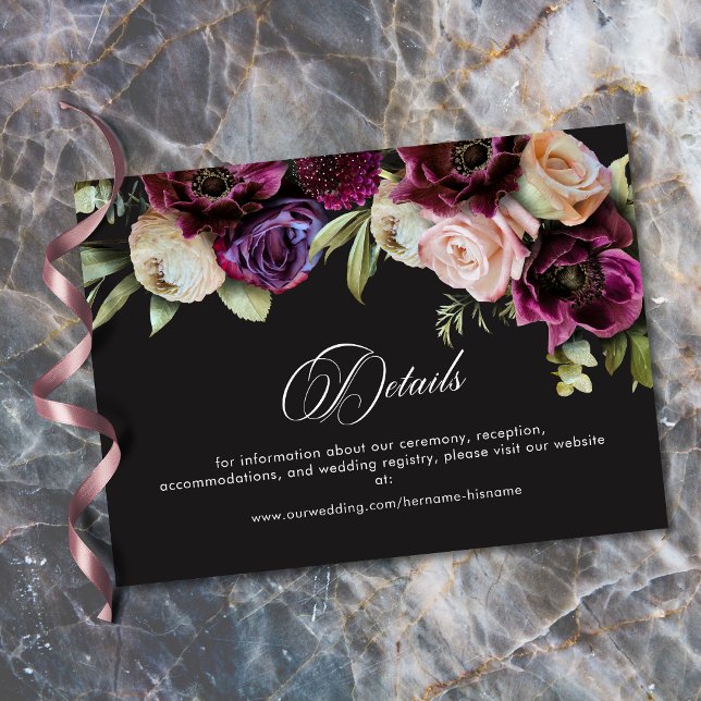 Cartão De Informações Moody Dark Floral Black Burgundy Romantic Wedding (Moody Dark Floral Black Burgundy Romantic Wedding Enclosure Card)