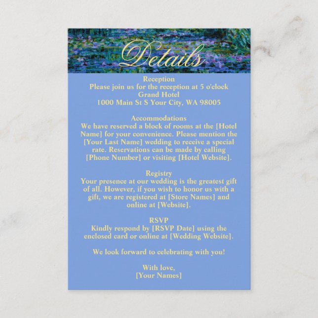 Cartão De Informações Moody Jewel Tone Monet Water Lilies Art Wedding (Frente)