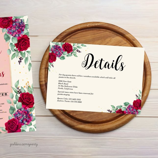 Cartão De Informações Moody Red and Plum Purple Floral Wedding (Moody Red and Plum Purple Floral Wedding Enclosure Card)