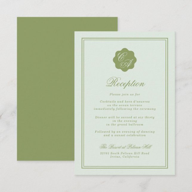 Cartão De Informações Moss Green Monogram Reception Card (Frente/Verso)