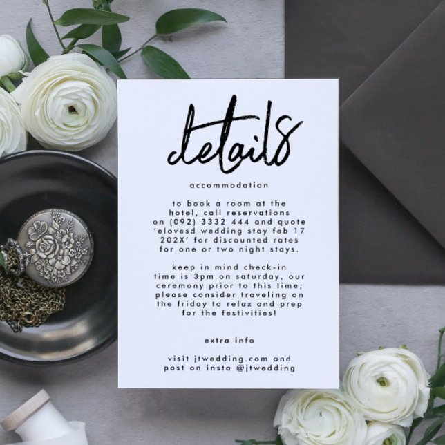 Cartão De Informações Na moda Modern Custom Names Black White Weding (Criador carregado)