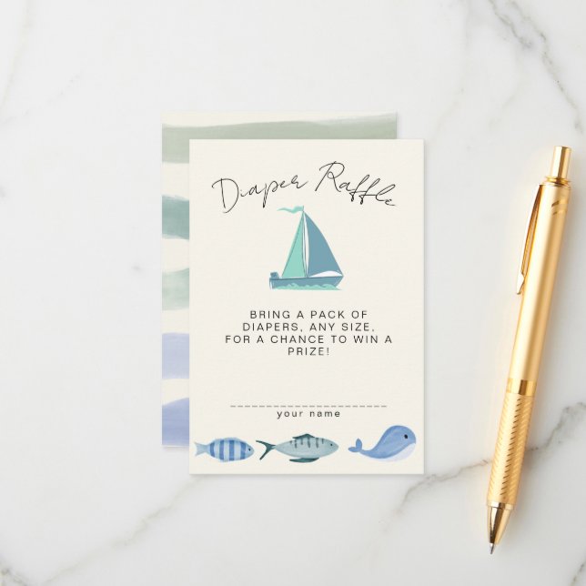 Cartão De Informações Nautical Blue Diaper Raffle Simple Boy´s Shower (Frente/Verso In Situ)