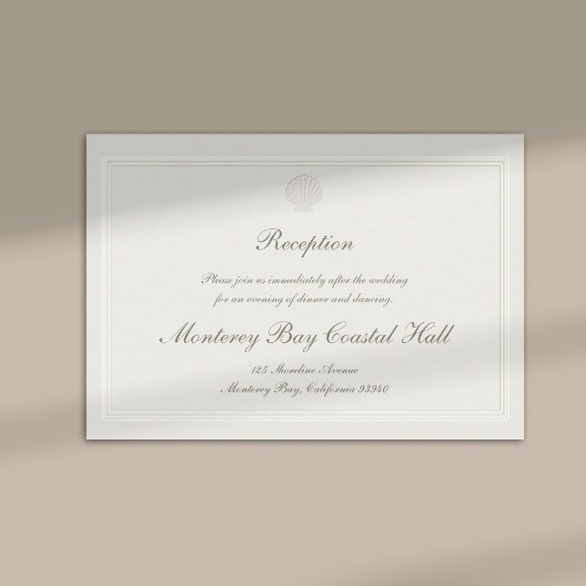 Cartão De Informações Nautical Coastal Shell Modern Classic Wedding (modern classic wedding reception details card frame ecru script calligraphy formal traditional )