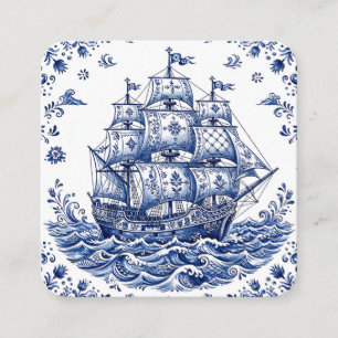 Cartão De Informações Navio Mercante Estilo Delft Azul Branco
