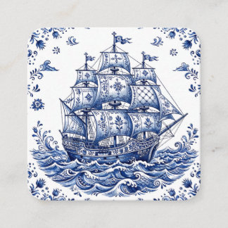 Cartão De Informações Navio Mercante Estilo Delft Azul Branco