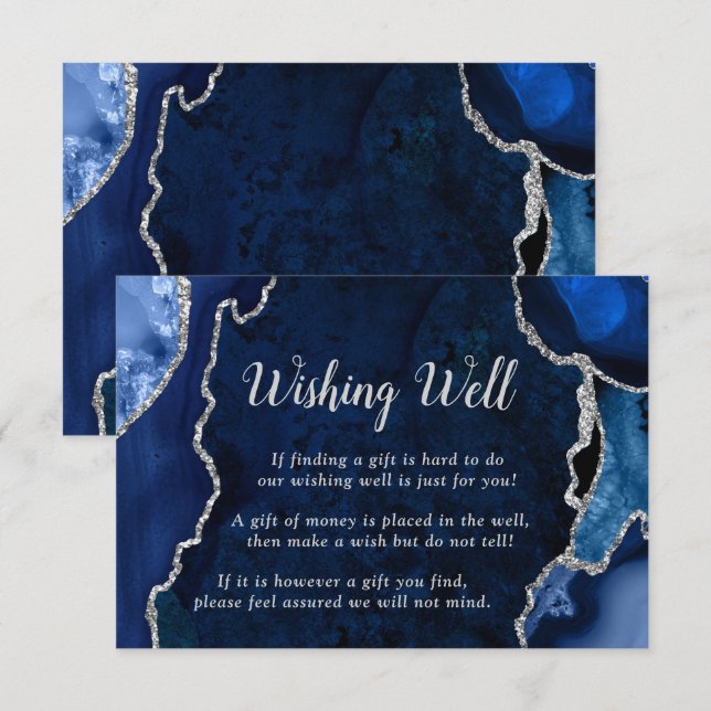 Cartão De Informações Navy and Silver Agate Wedding Wishing Well (Frente/Verso)