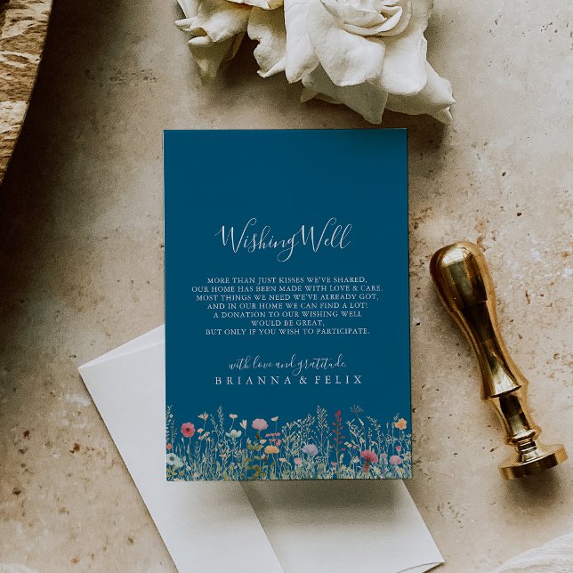Cartão De Informações Navy Blissful Boho Wildflower Wedding Wishing Well (Criador carregado)