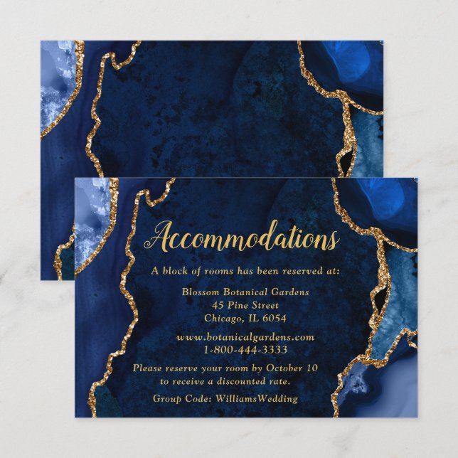 Cartão De Informações Navy Blue and Gold Agate Wedding Accommodations (Frente/Verso)