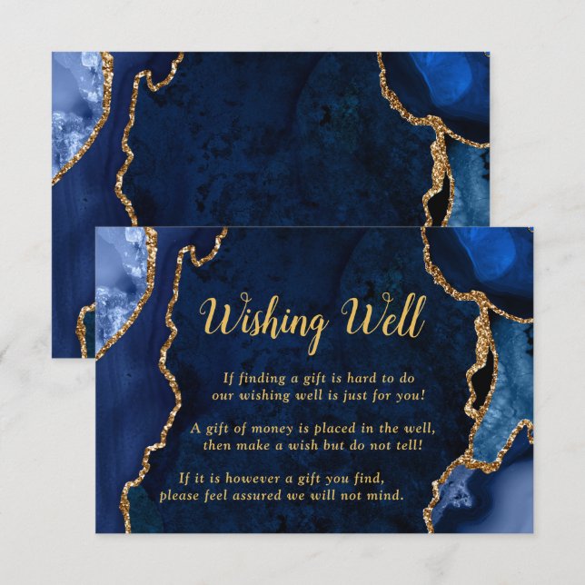 Cartão De Informações Navy Blue and Gold Agate Wedding Wishing Well (Frente/Verso)