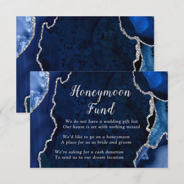Cartão De Informações Navy Blue and Silver Agate Honeymoon Fund (Frente/Verso)