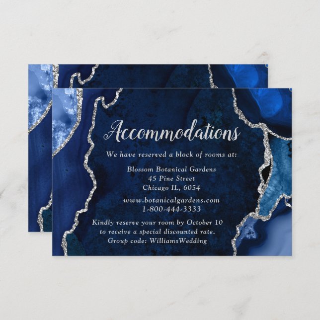 Cartão De Informações Navy Blue and Silver Agate Wedding Accommodations (Frente/Verso)