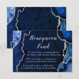 Cartão De Informações Navy Blue and Silver Agate Wedding Honeymoon Fund