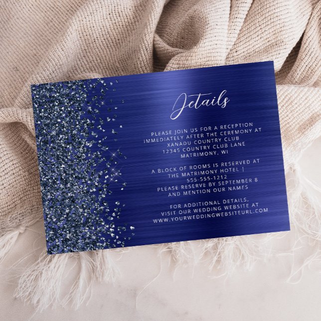 Cartão De Informações Navy Blue Brushed Metal Wedding Details  (Criador carregado)