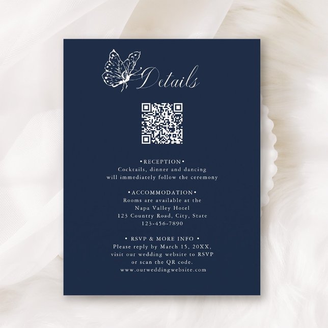 Cartão De Informações Navy Blue Elegant Calligraphy Wedding Details (Criador carregado)