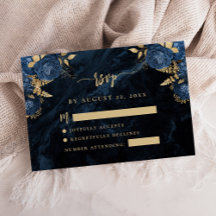 Navy Blue Floral Pale Gold Script Wedding RSVP
